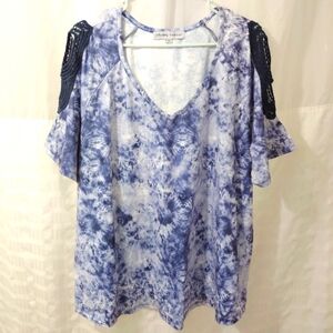 Absolutely Famous Top Tie Dye Crochet Sleeves V-neck Longer Length 1X Soft Comfy